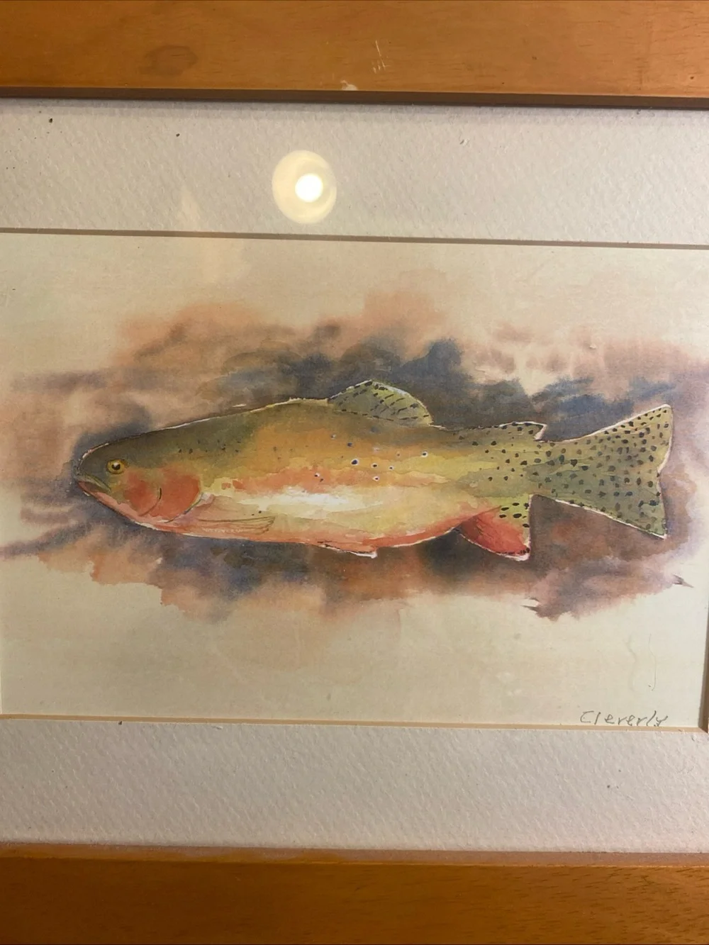 Wood Framed Trout Water Painting Signed Cleverly